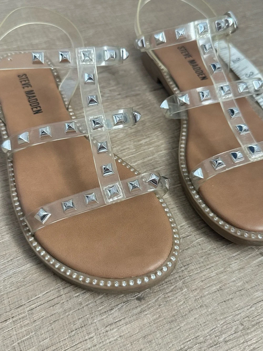 Steve Madden Clear T-Strap Studded Sandals - Silver Accents